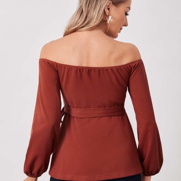 MATERNITY Red Burgundy off shoulder belted blouse - Picture 6 of 10